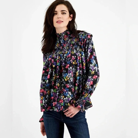 FRENCH CONNECTION Alianna Black Ruffled Floral Blouse Long Sleeve Size Small S - Picture 6 of 6